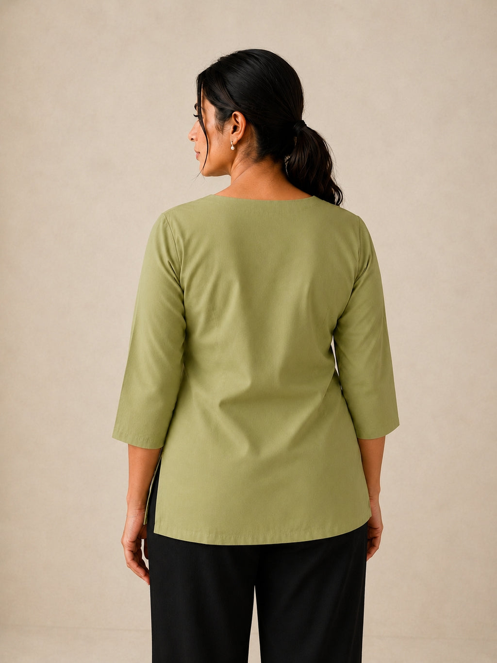 Hand Embroidered Asymmetric Top  - Sage Green