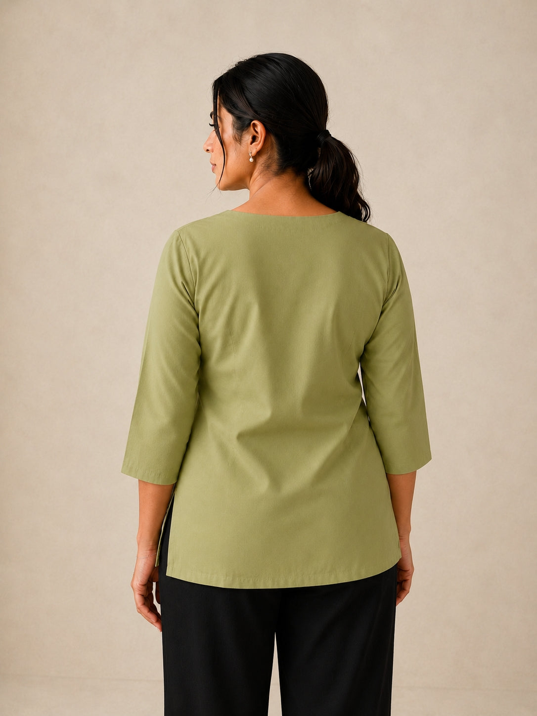 Hand Embroidered Asymmetric Top  - Sage Green