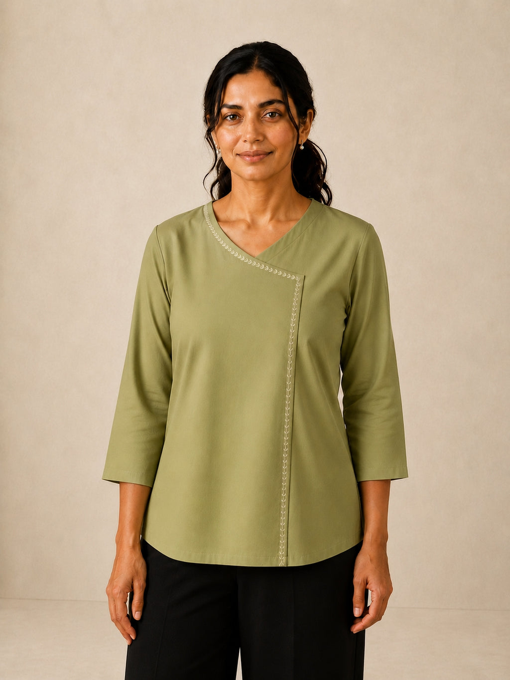 Hand Embroidered Asymmetric Top  - Sage Green