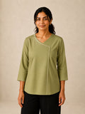 Hand Embroidered Asymmetric Top  - Sage Green