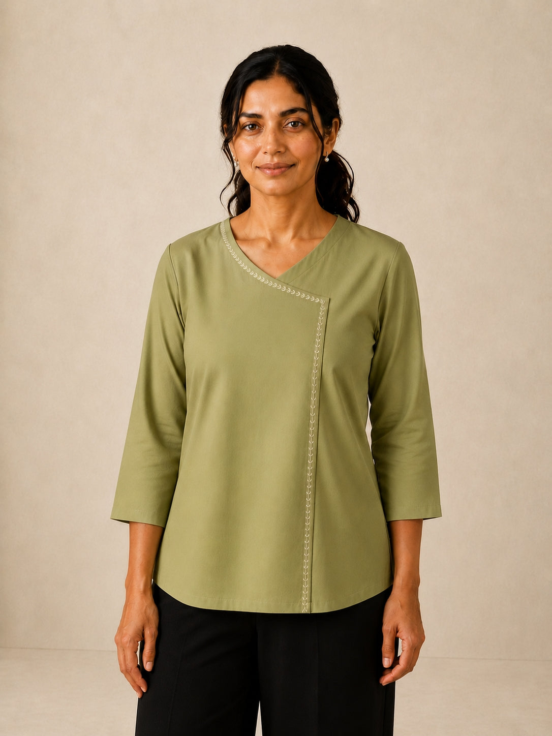 Hand Embroidered Asymmetric Top  - Sage Green