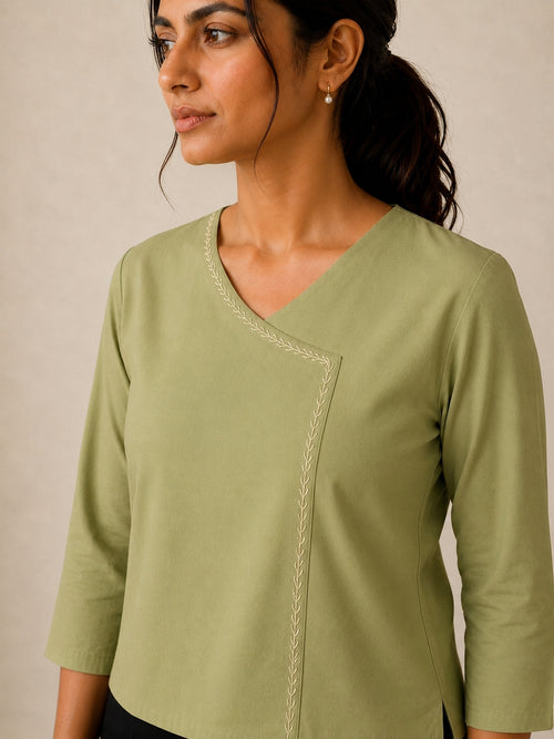 Hand Embroidered Asymmetric Top  - Sage Green