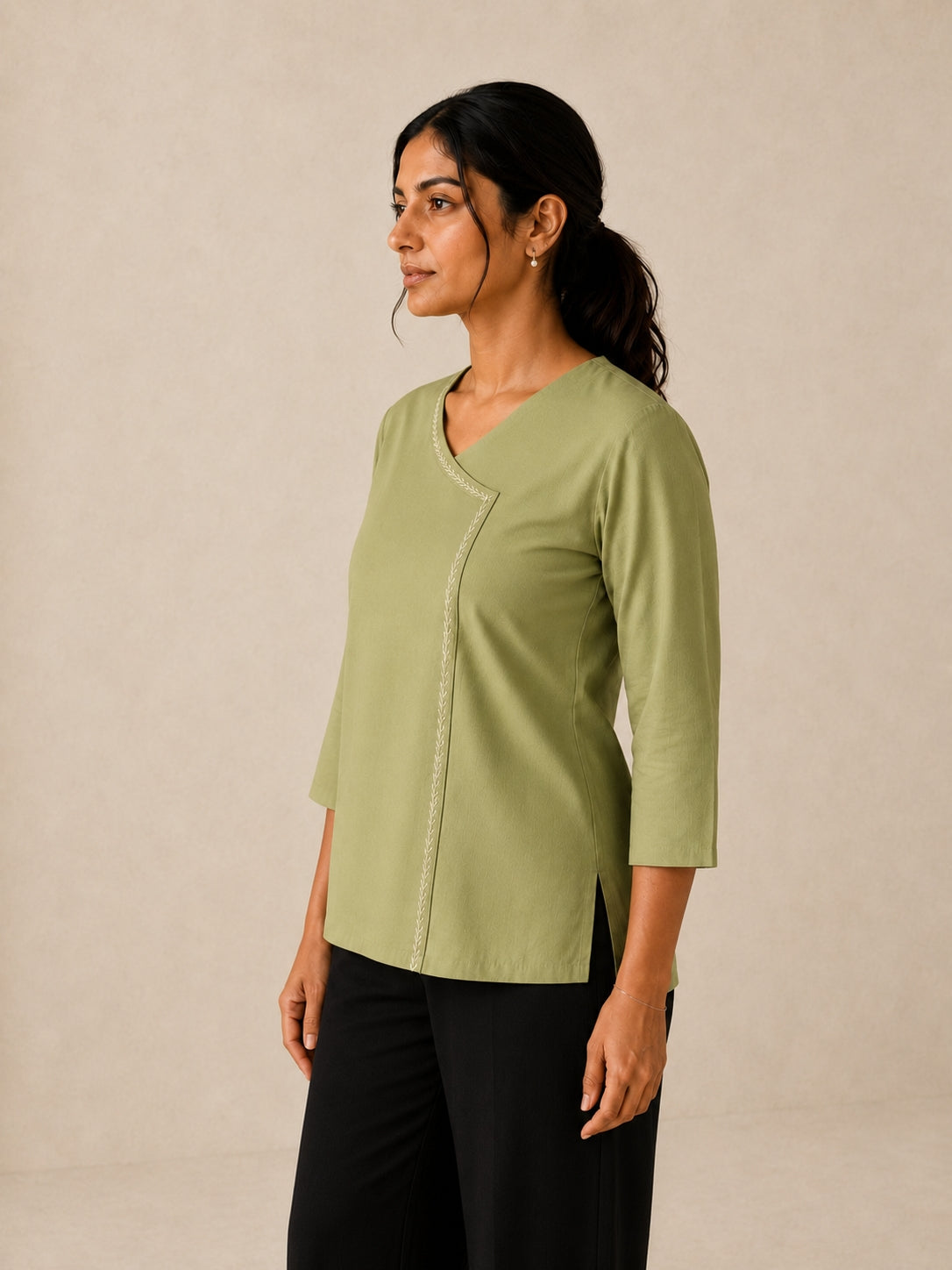 Hand Embroidered Asymmetric Top  - Sage Green