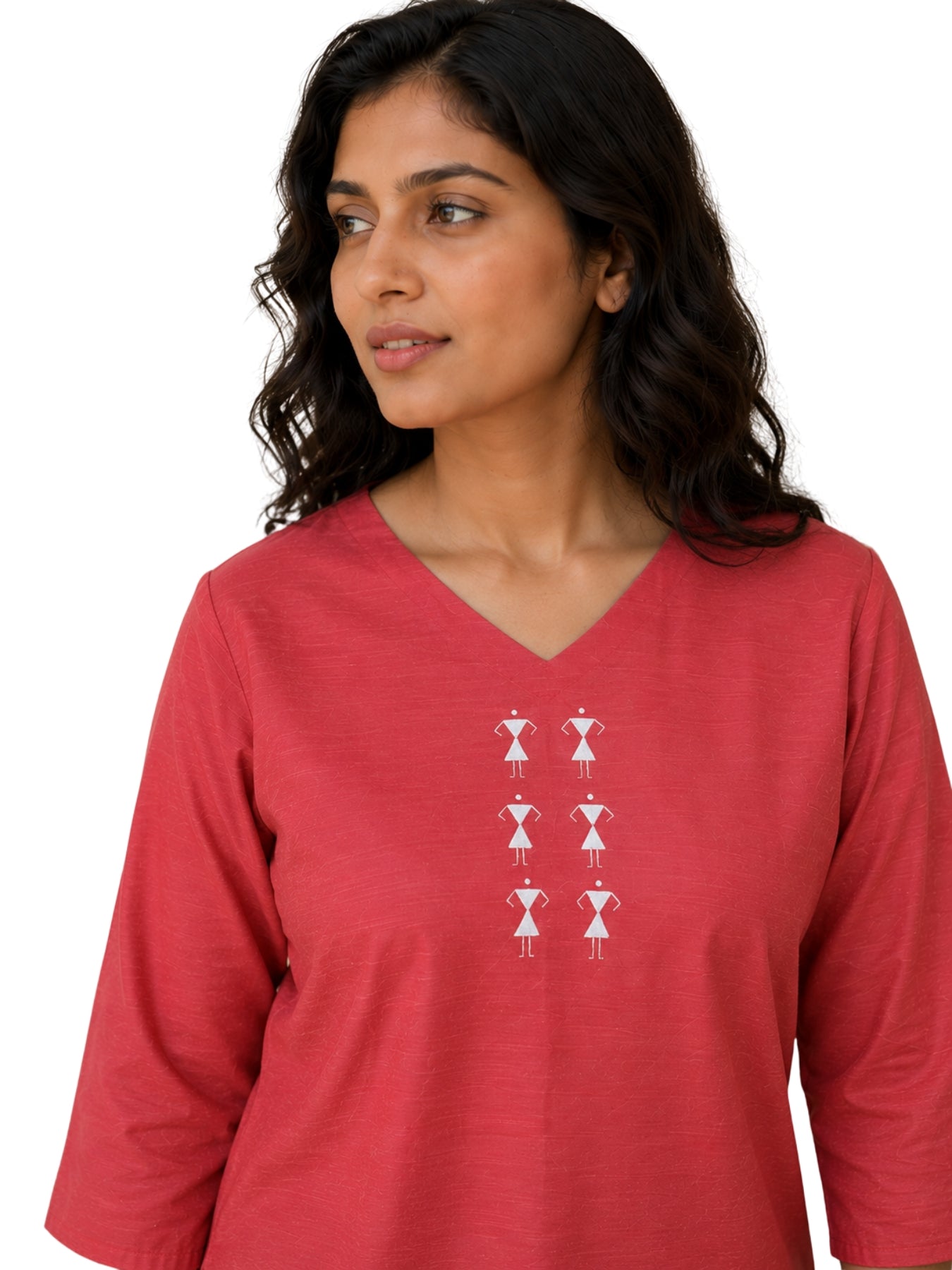 V Neck Top Warli Motif - Clay Rose