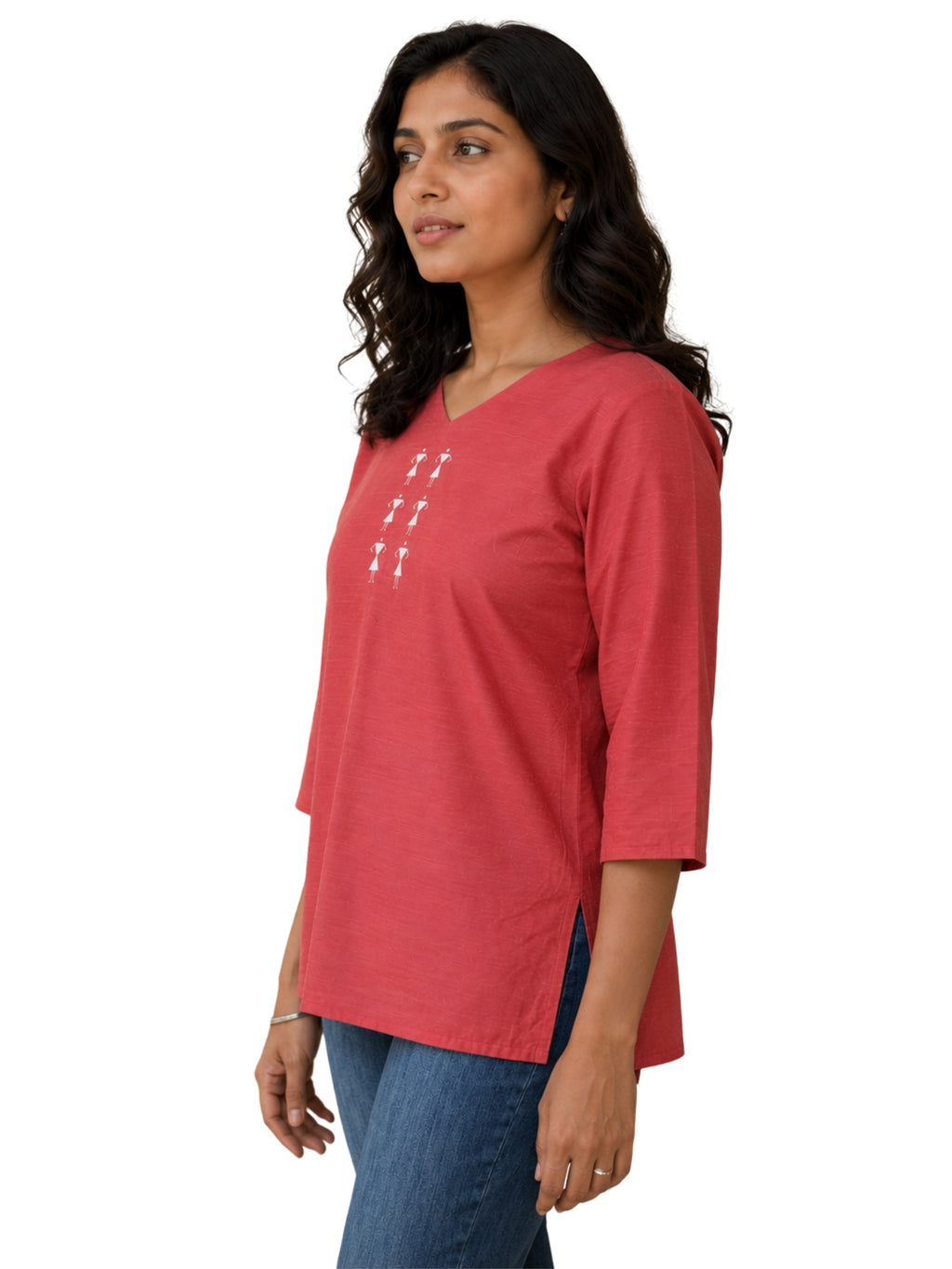 V Neck Top Warli Motif - Clay Rose