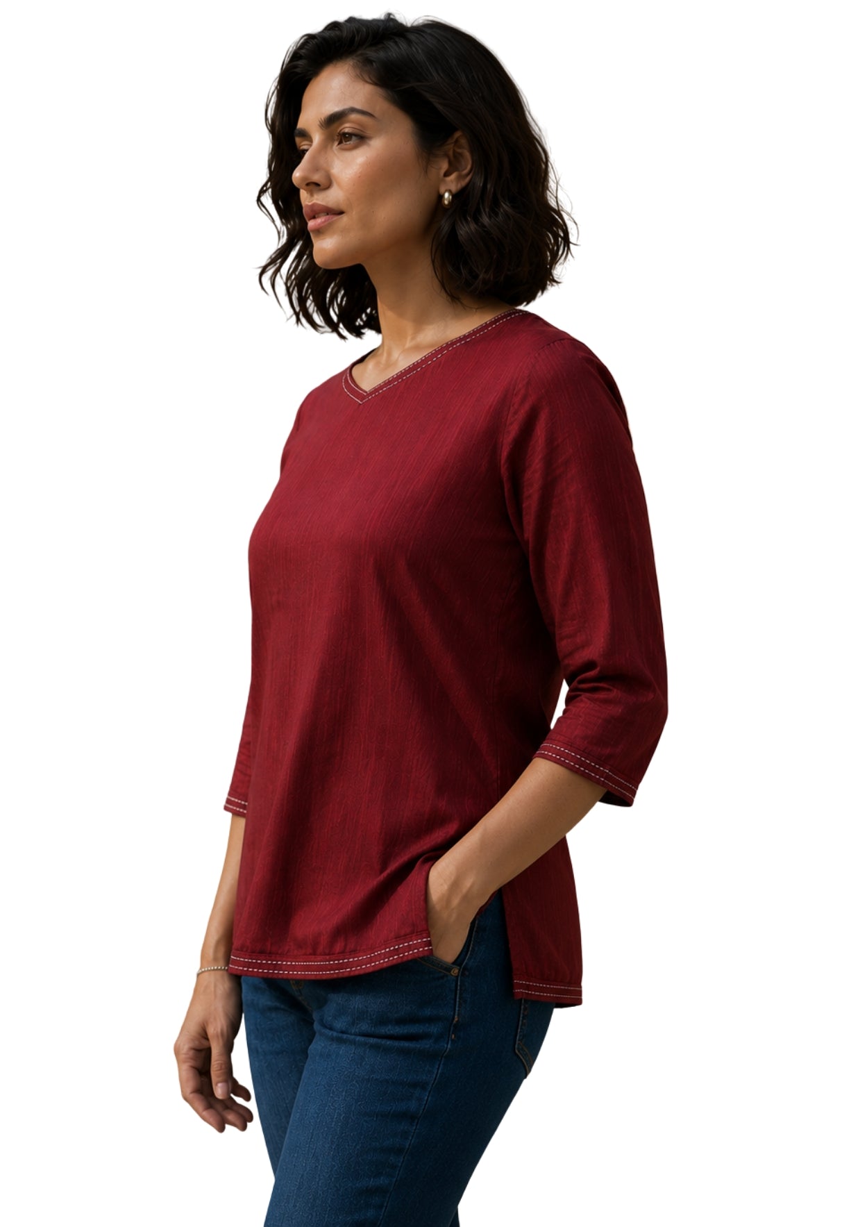 V Neck Top - Wine Maroon