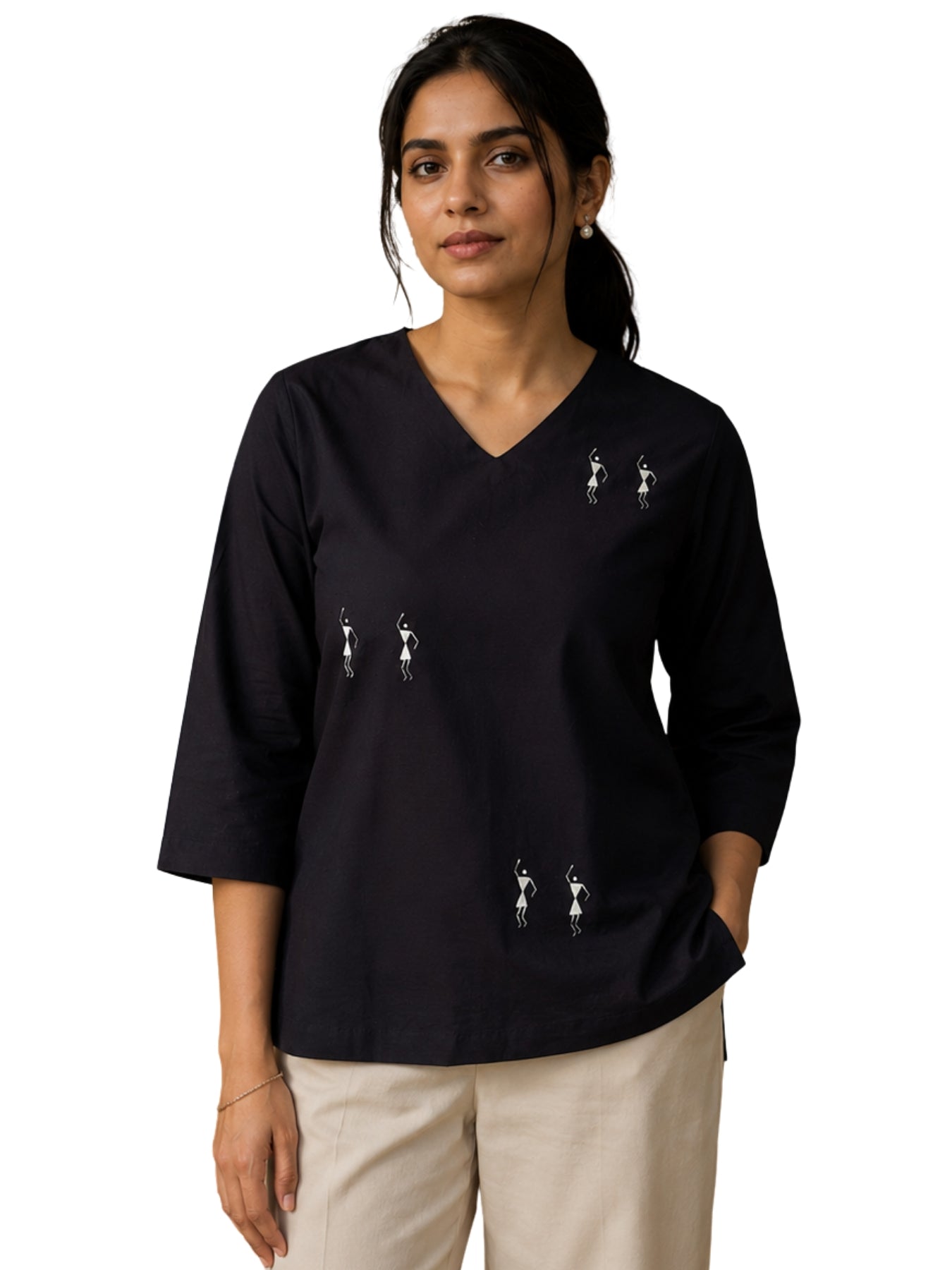 V-Neck Top Warli Painted - Black