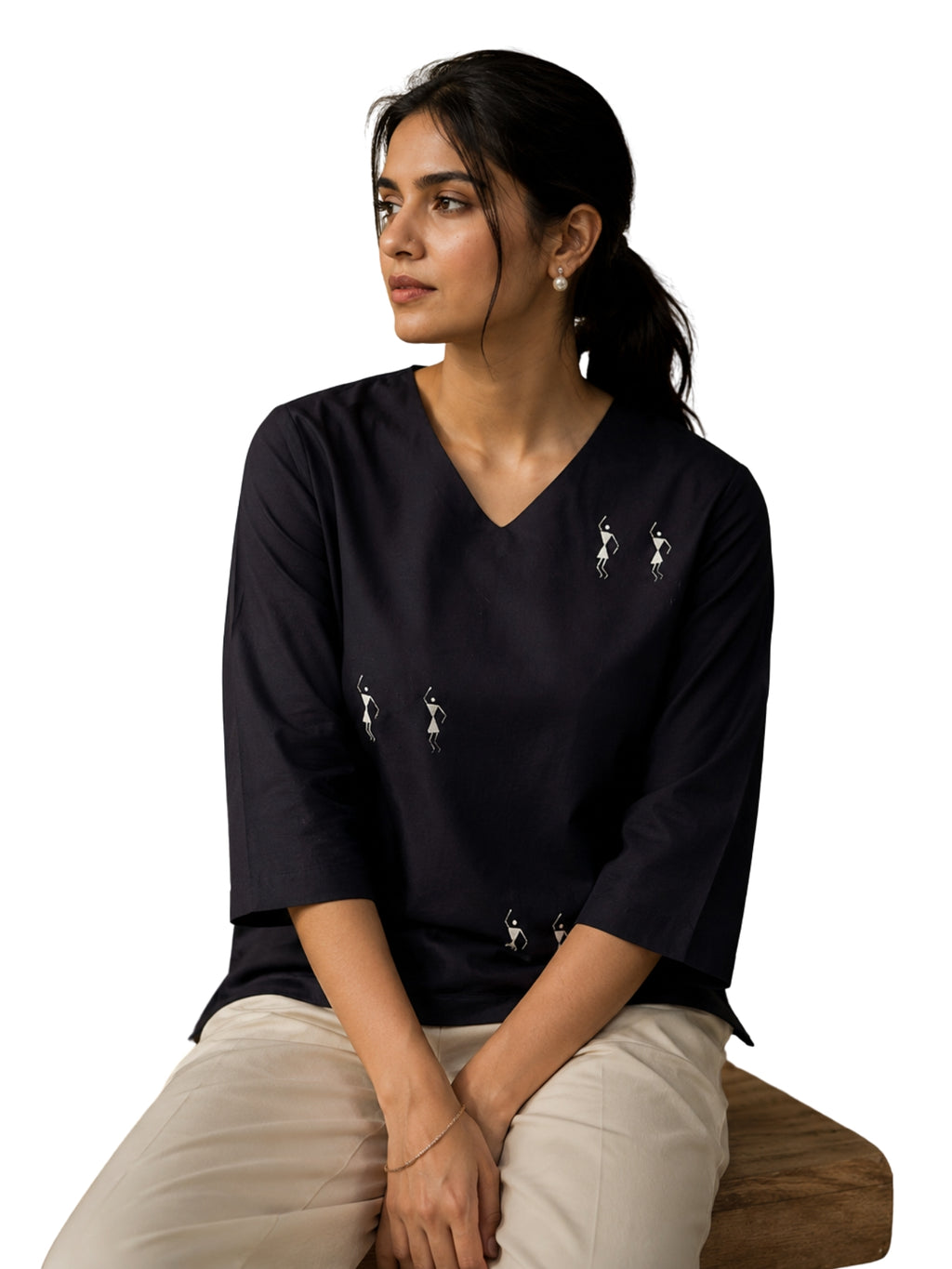 V-Neck Top Warli Painted - Black