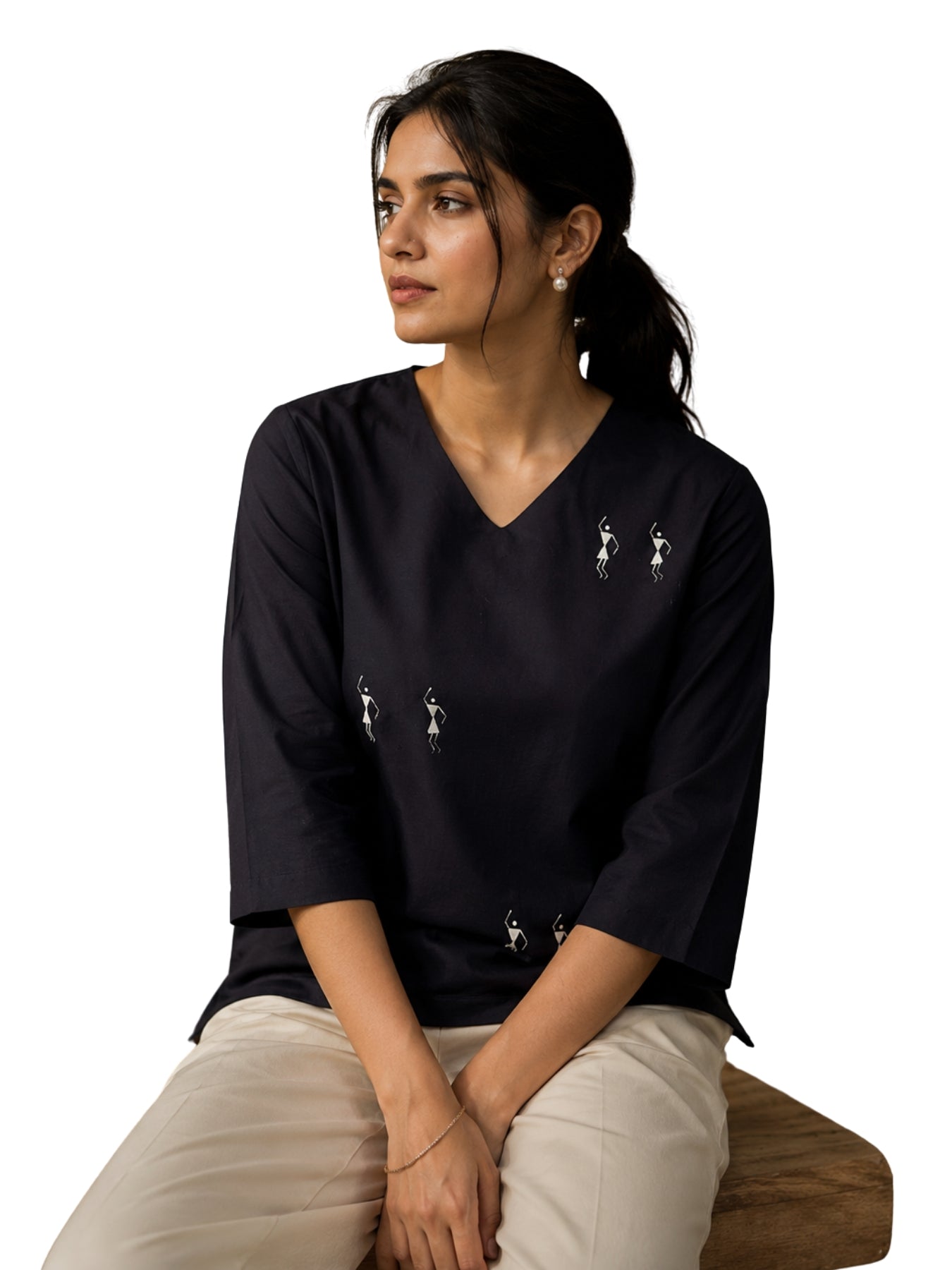 V-Neck Top Warli Painted - Black