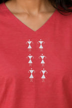 V Neck Top Warli Motif - Clay Rose