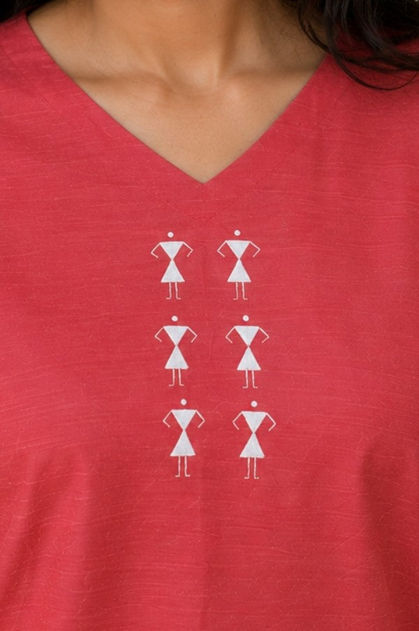 V Neck Top Warli Motif - Clay Rose