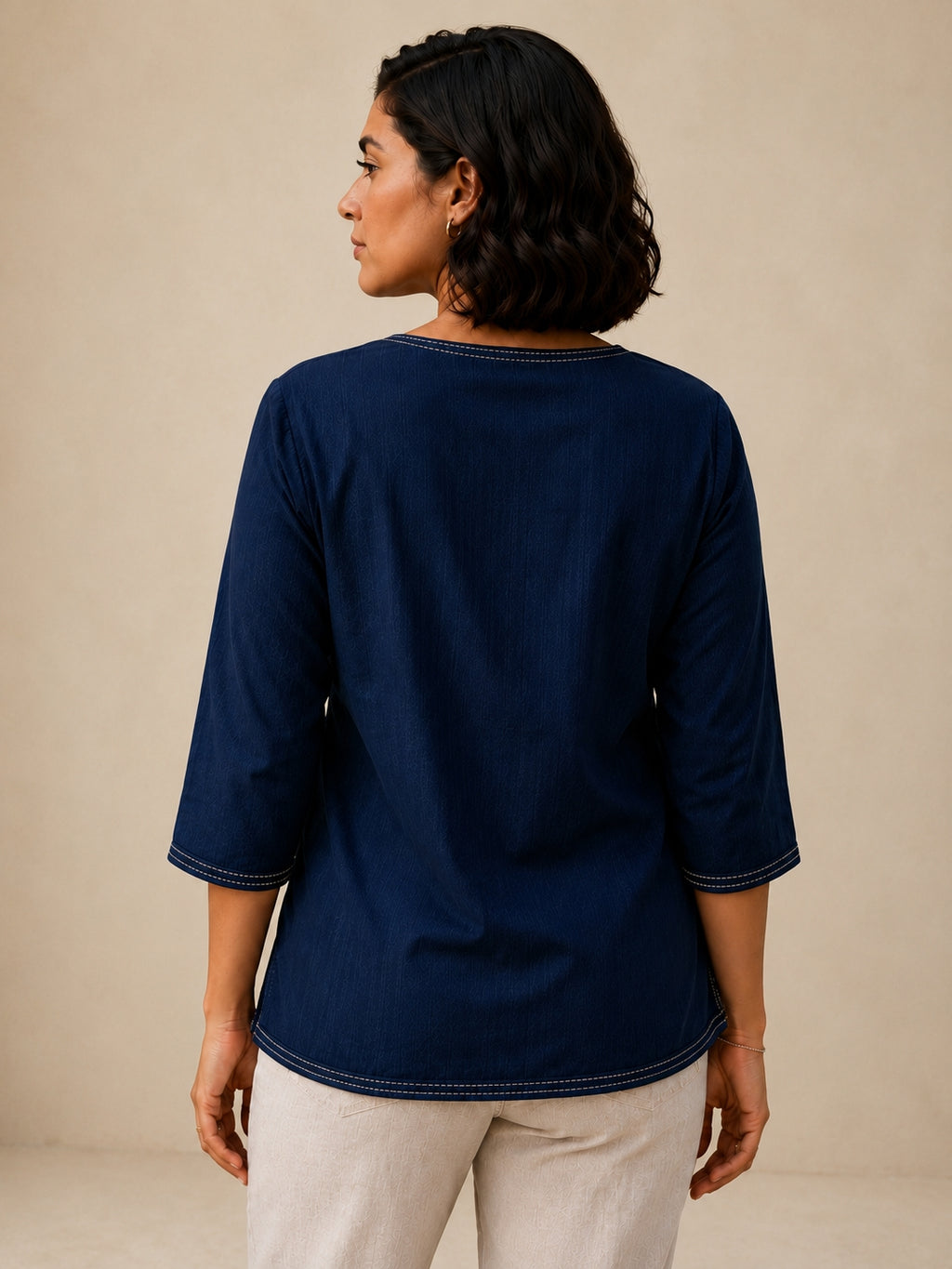 V Neck Top Hand Embroidered - Navy Blue