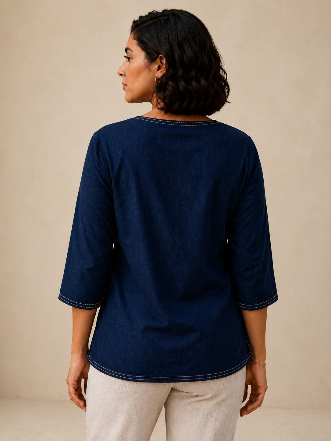 V Neck Top Hand Embroidered - Navy Blue
