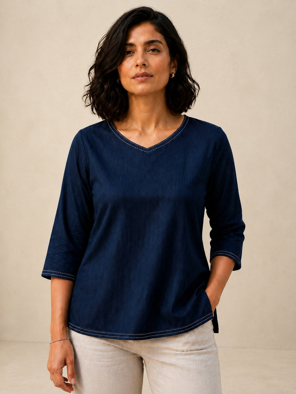 V Neck Top Hand Embroidered - Navy Blue