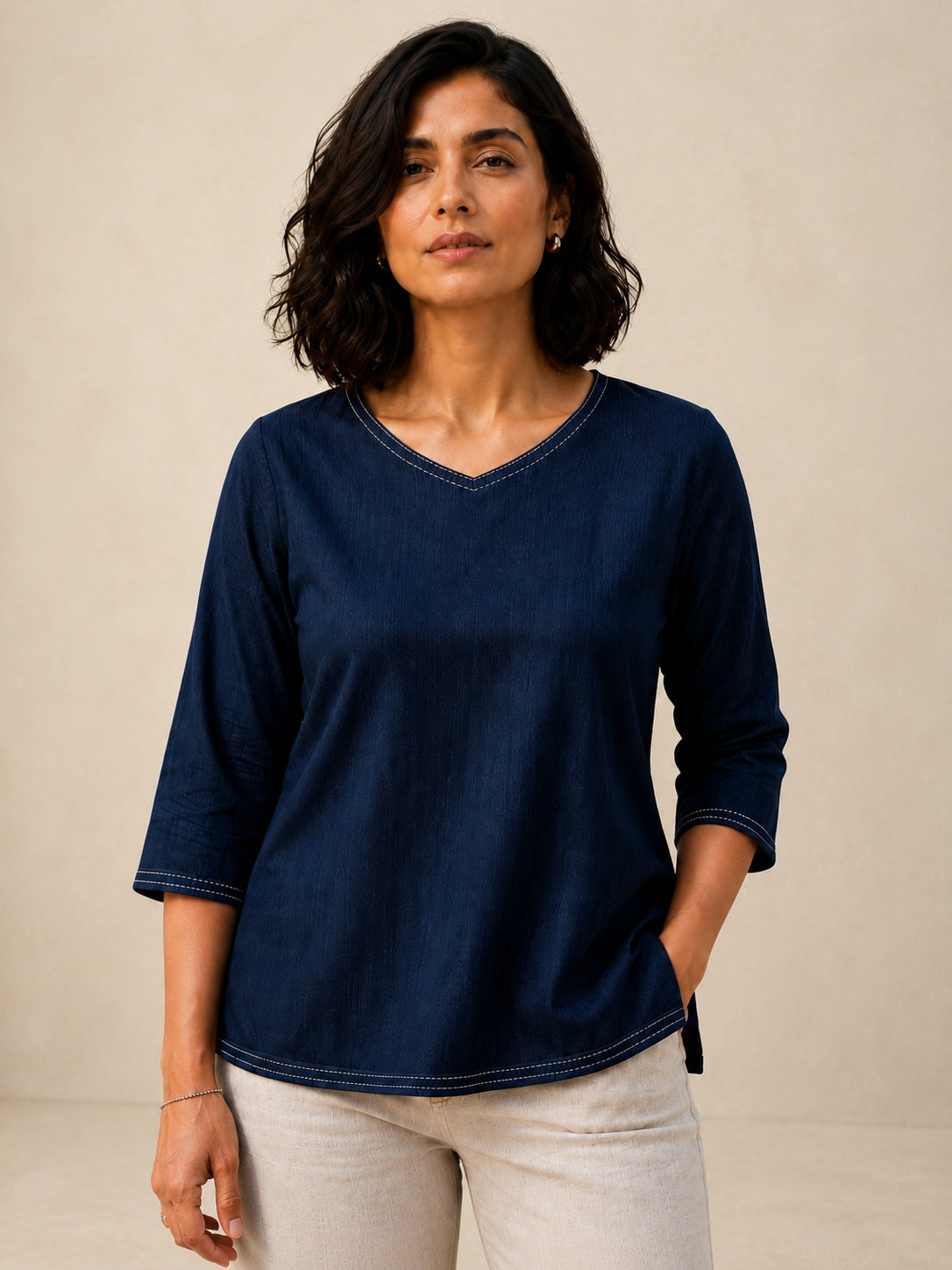 V Neck Top Hand Embroidered - Navy Blue