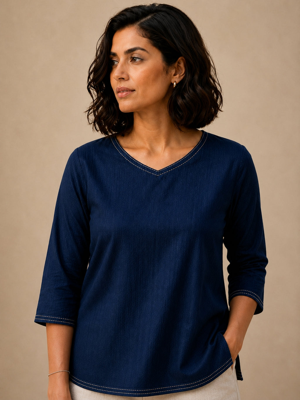 V Neck Top Hand Embroidered - Navy Blue