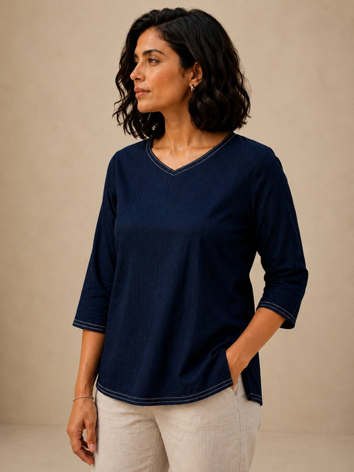 V Neck Top Hand Embroidered - Navy Blue