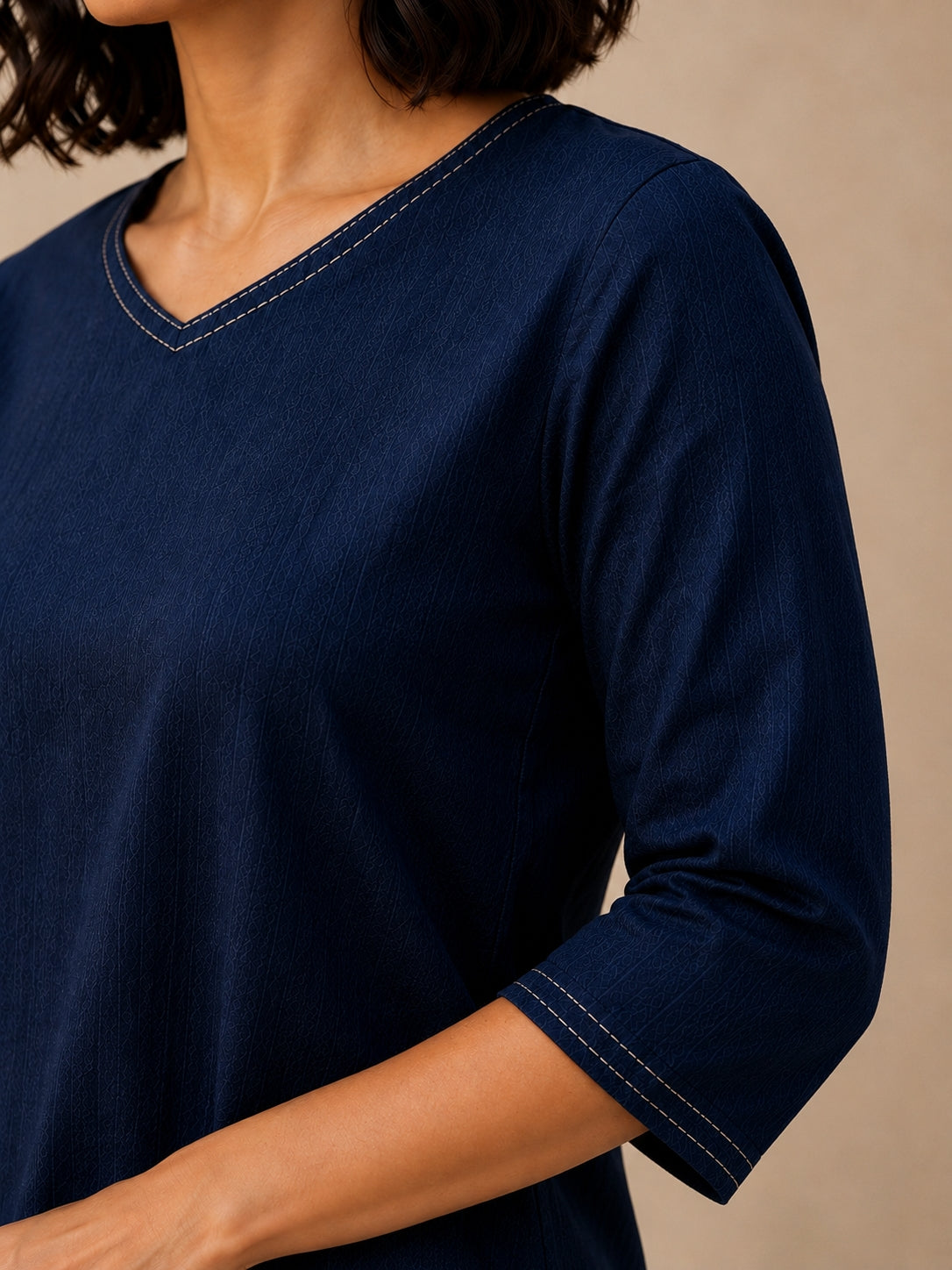 V Neck Top Hand Embroidered - Navy Blue