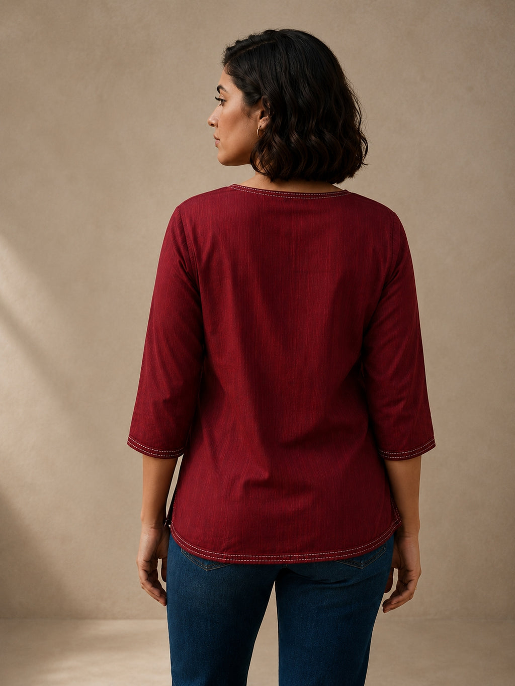 V Neck Top Hand Embroidered - Wine Maroon
