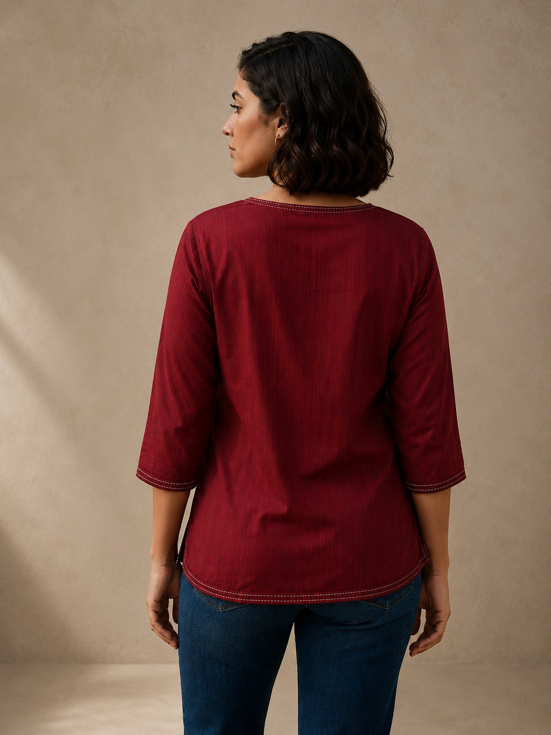 V Neck Top Hand Embroidered - Wine Maroon