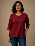 V Neck Top Hand Embroidered - Wine Maroon