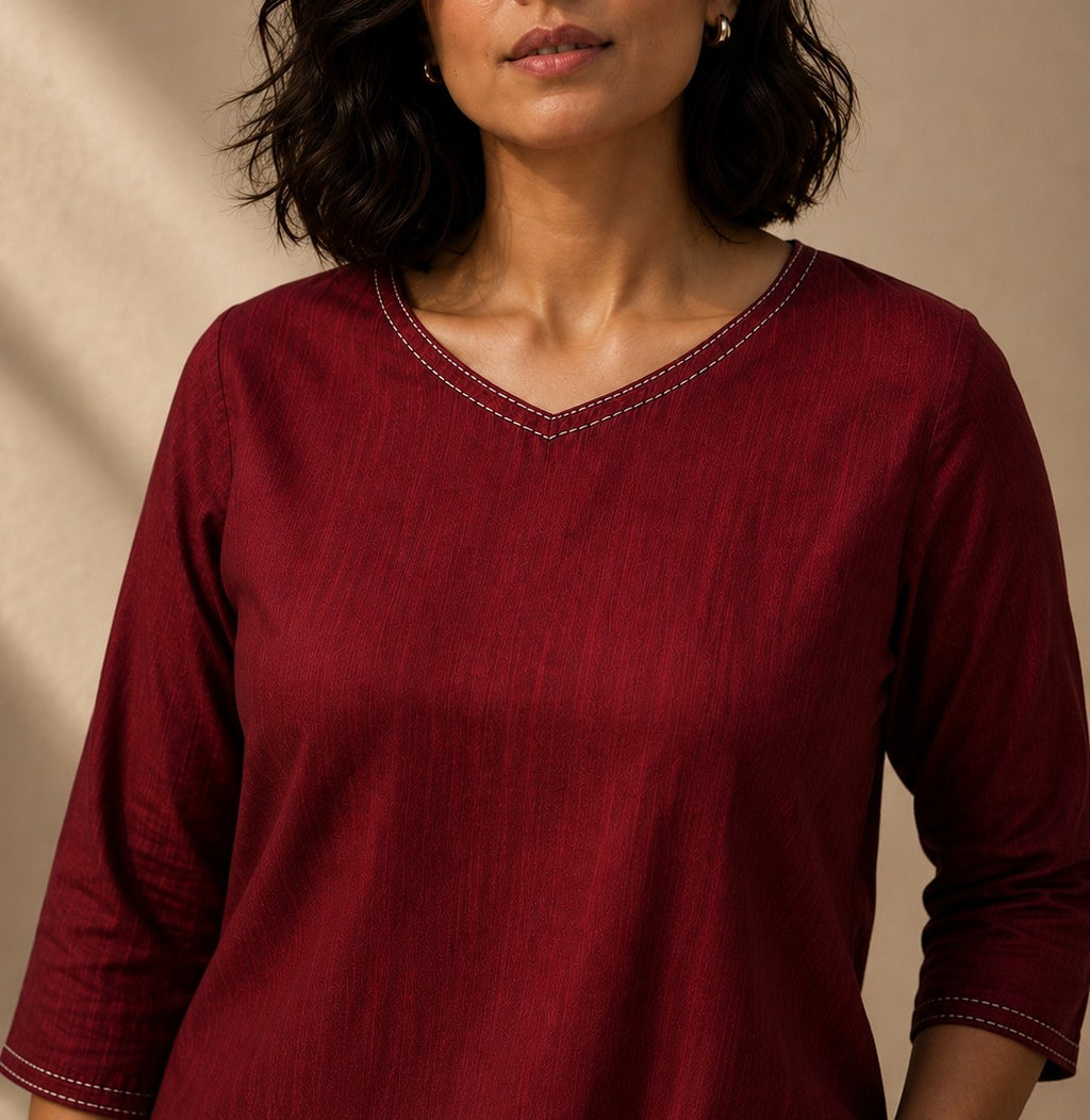 V Neck Top Hand Embroidered - Wine Maroon
