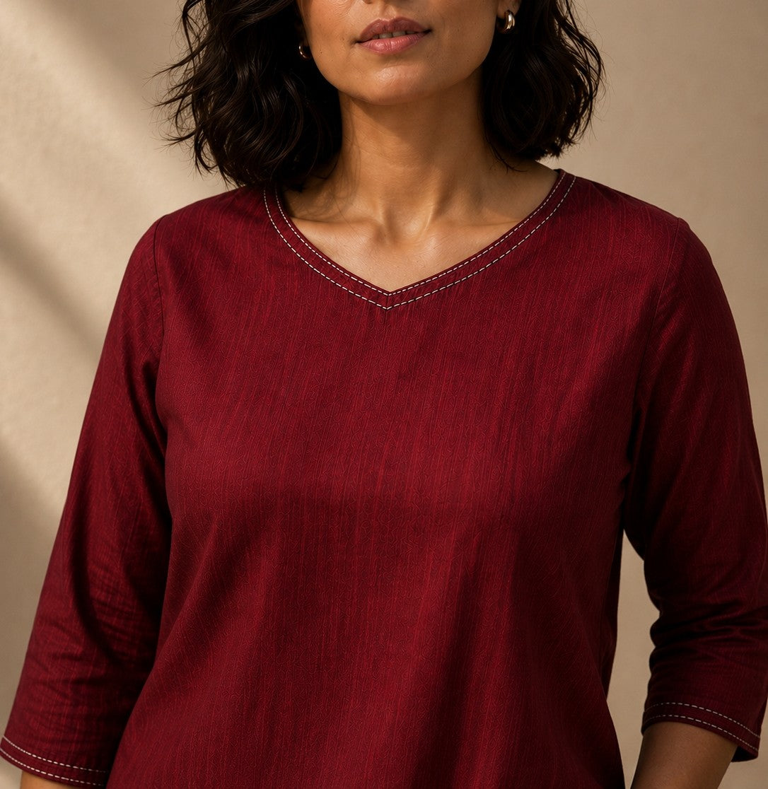 V Neck Top Hand Embroidered - Wine Maroon