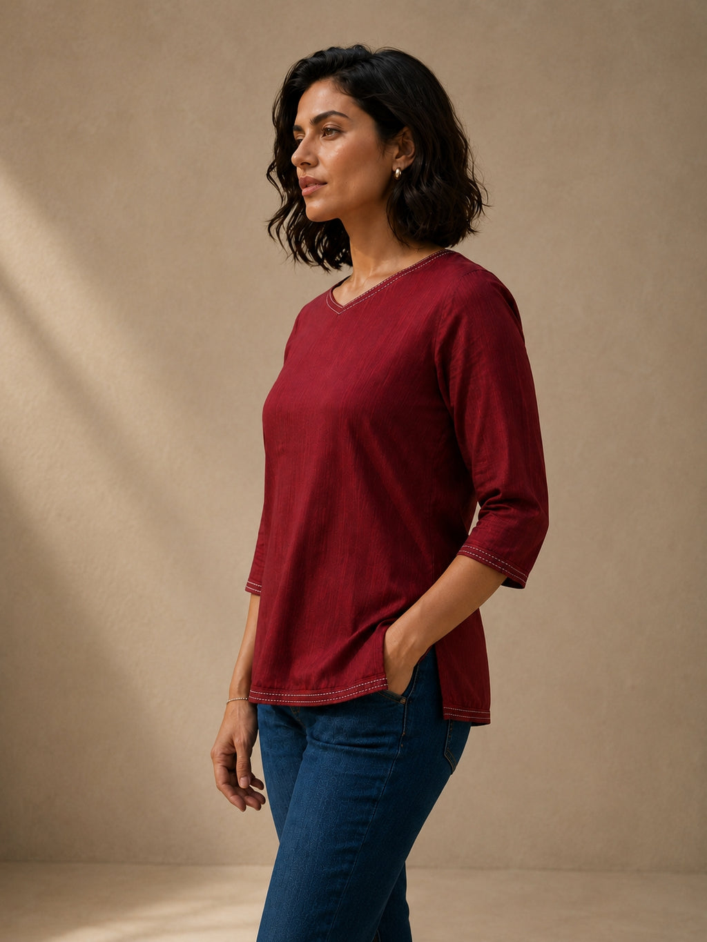V Neck Top Hand Embroidered - Wine Maroon