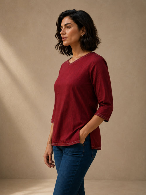 V Neck Top Hand Embroidered - Wine Maroon