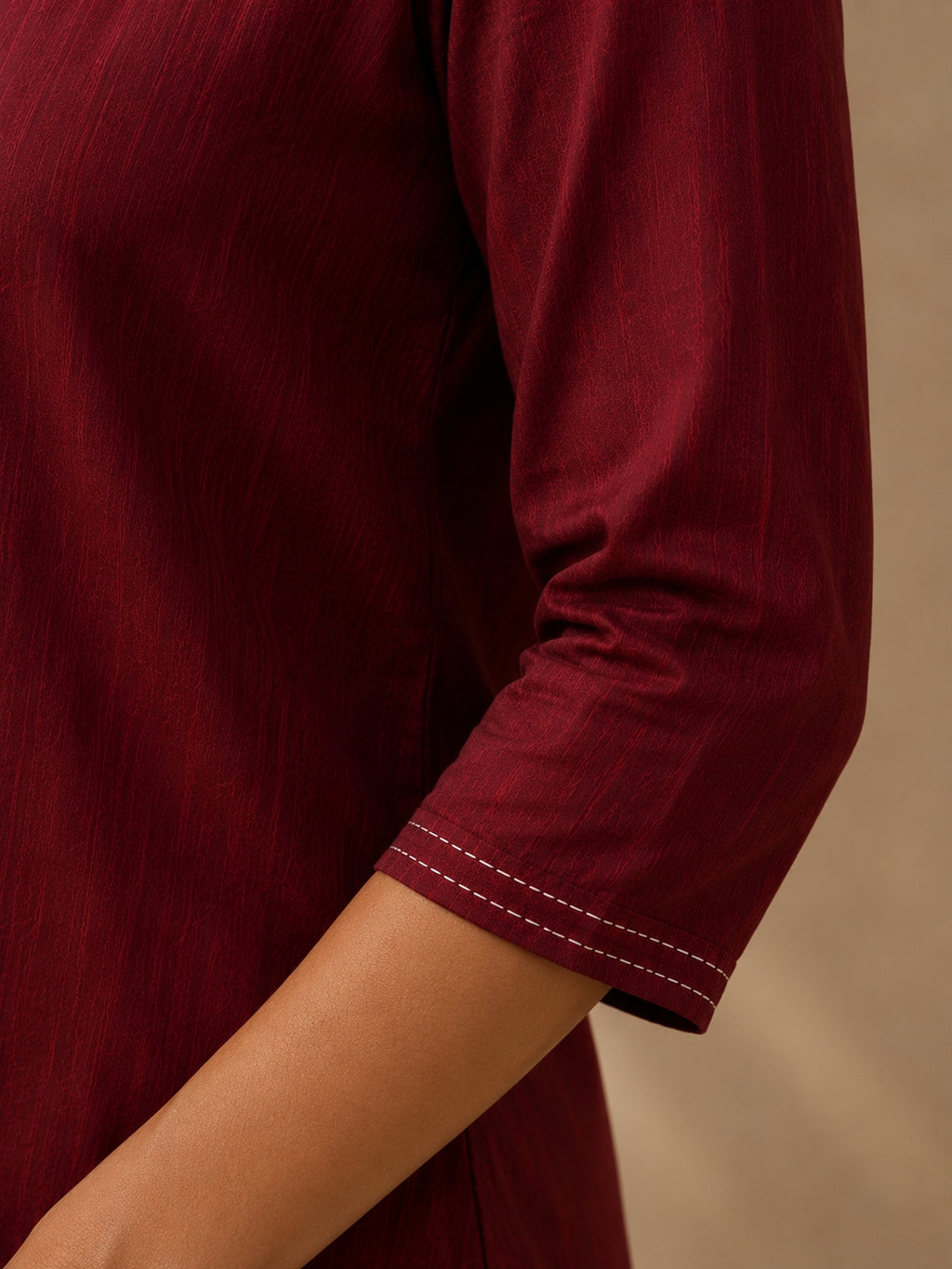 V Neck Top Hand Embroidered - Wine Maroon