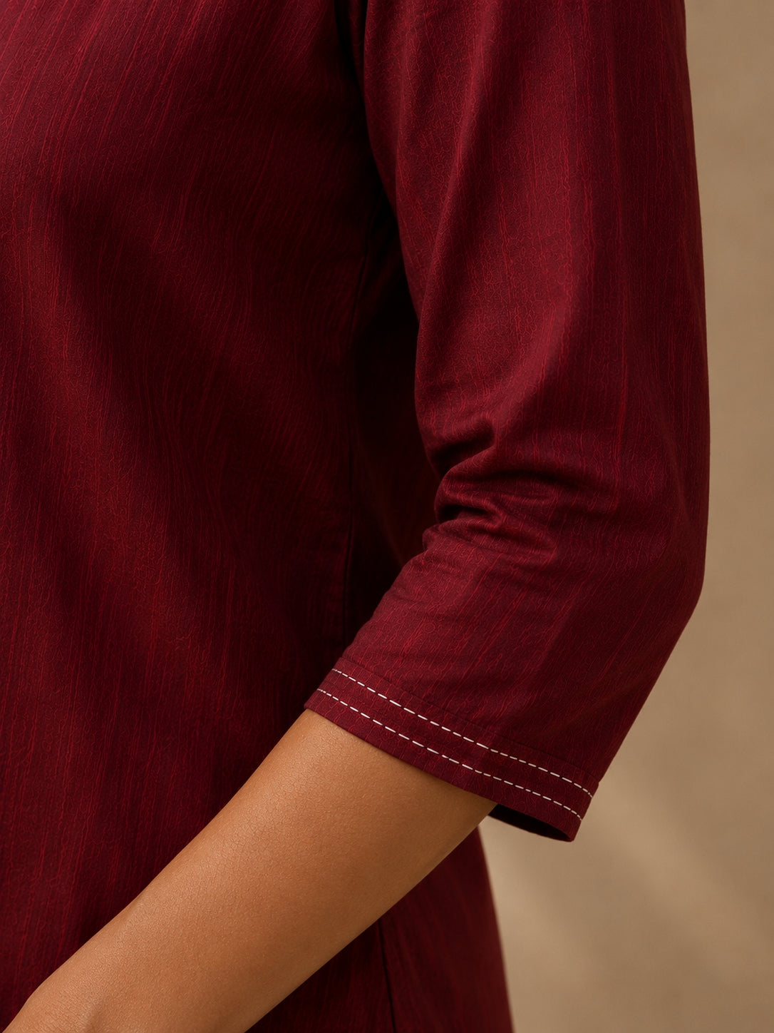 V Neck Top Hand Embroidered - Wine Maroon