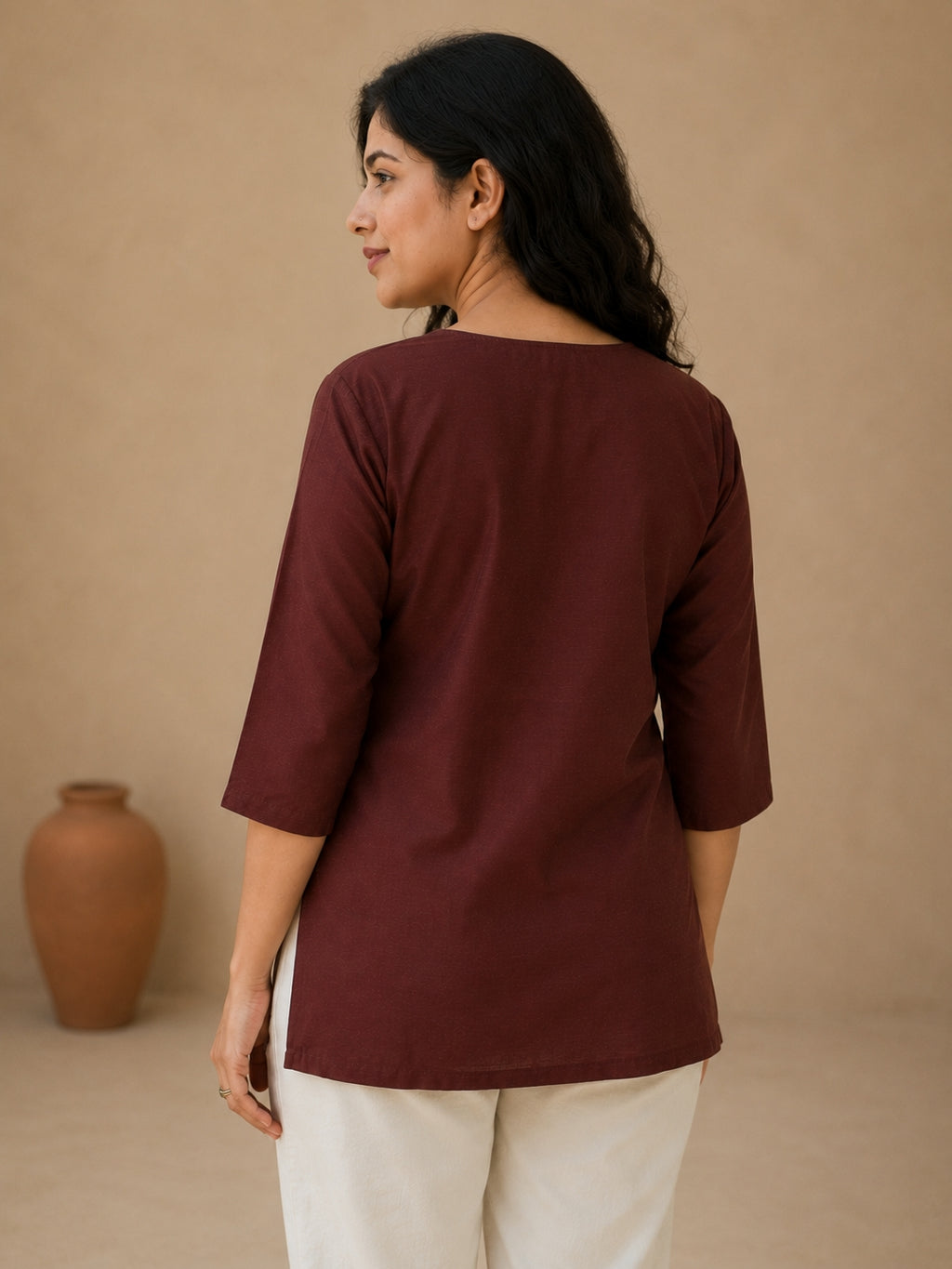 V Neck Top Hand Painted - Brown
