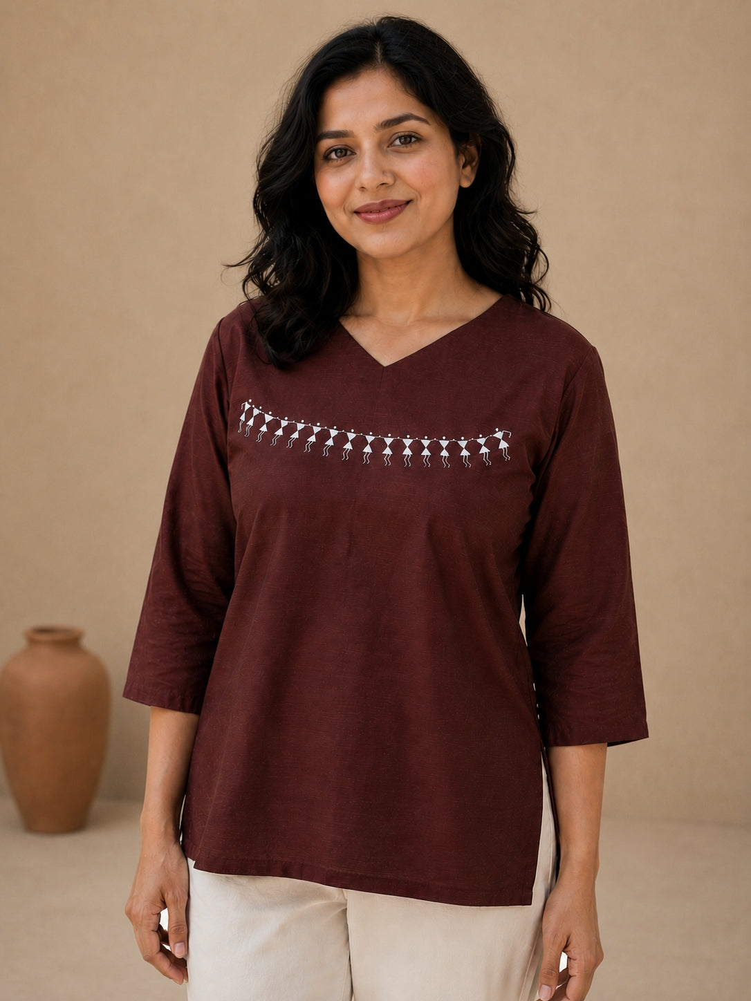 V Neck Top Hand Painted - Brown