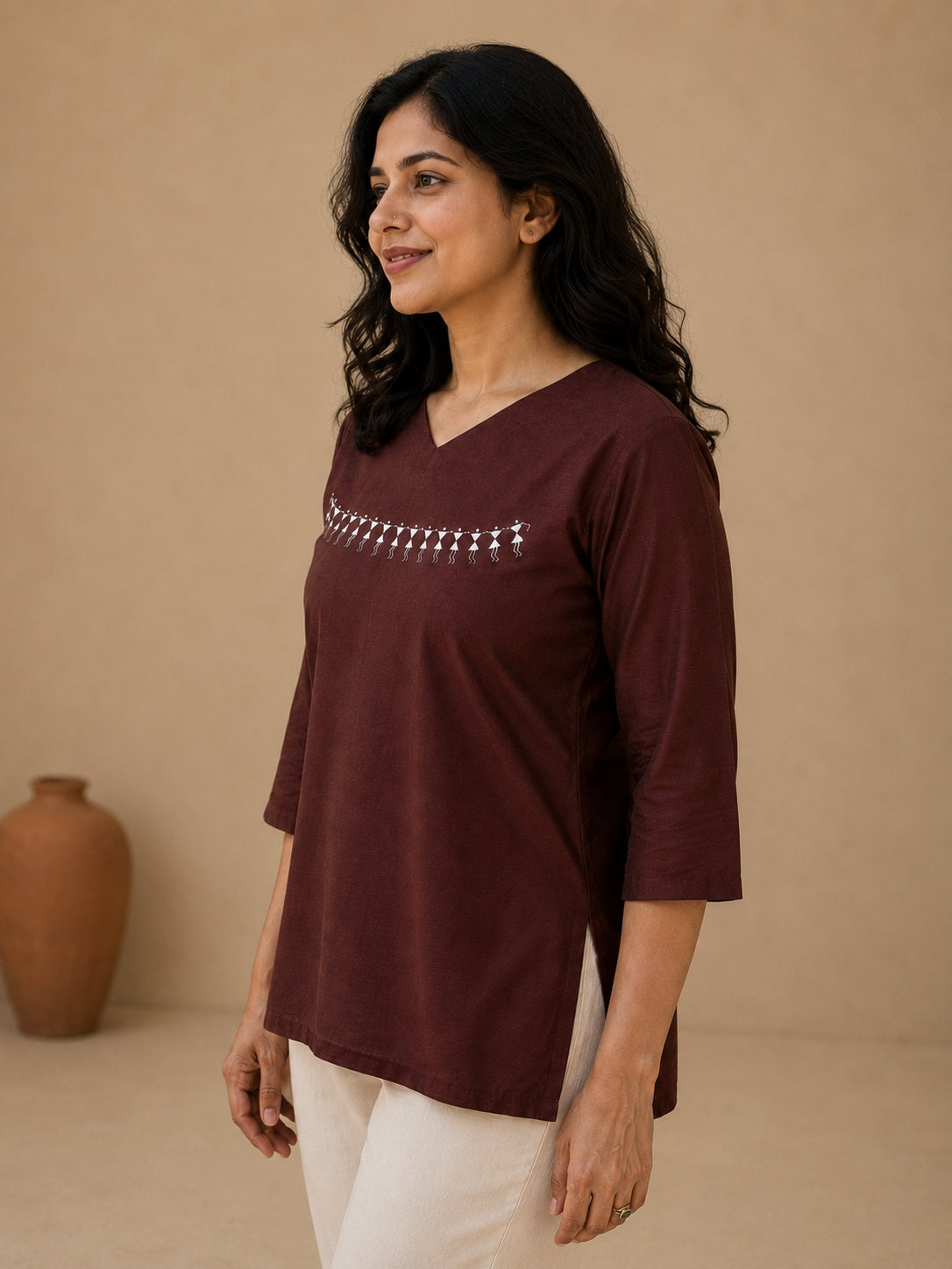 V Neck Top Hand Painted - Brown
