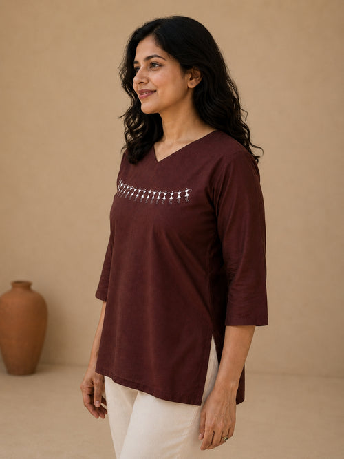 V Neck Top Hand Painted - Brown