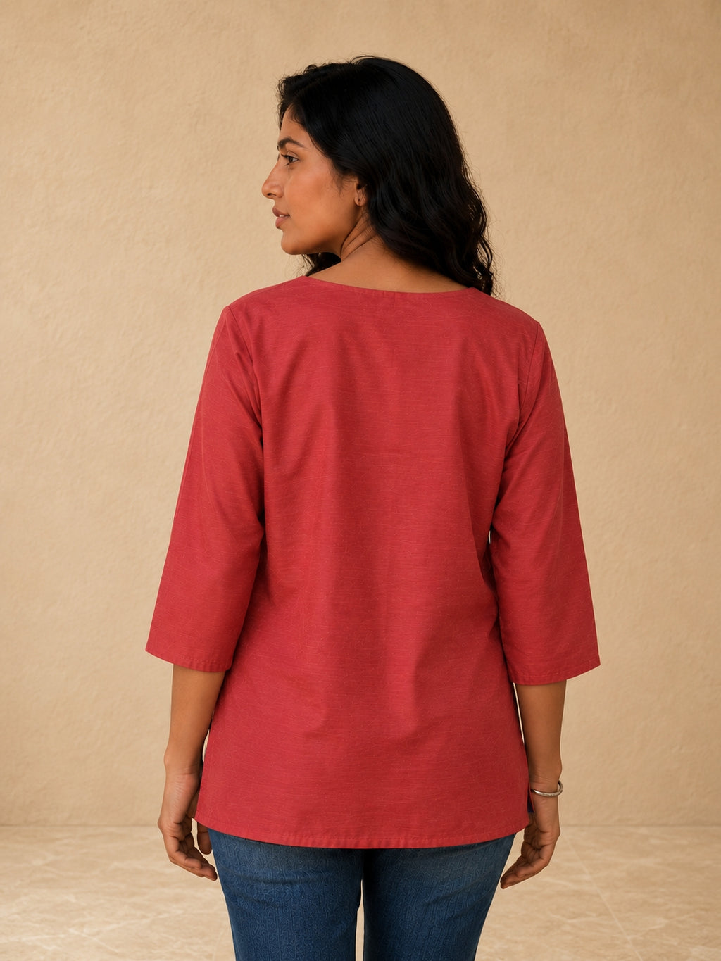 V Neck Top Warli Motif Hand Painted - Clay Rose