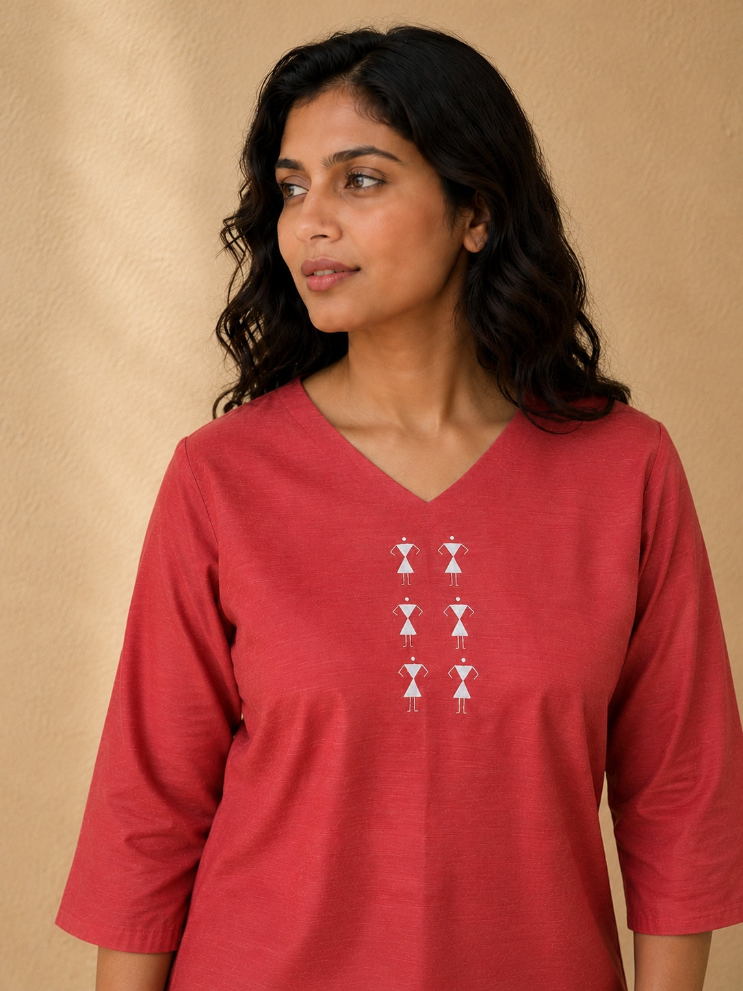 V Neck Top Warli Motif Hand Painted - Clay Rose