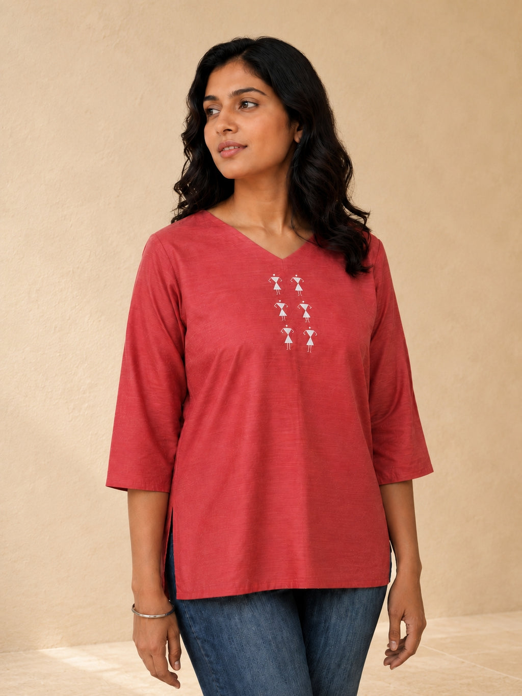 V Neck Top Warli Motif Hand Painted - Clay Rose