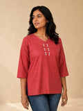 V Neck Top Warli Motif Hand Painted - Clay Rose
