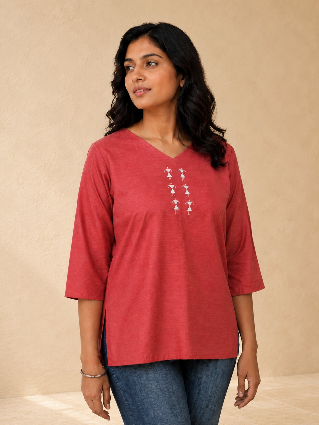 V Neck Top Warli Motif Hand Painted - Clay Rose