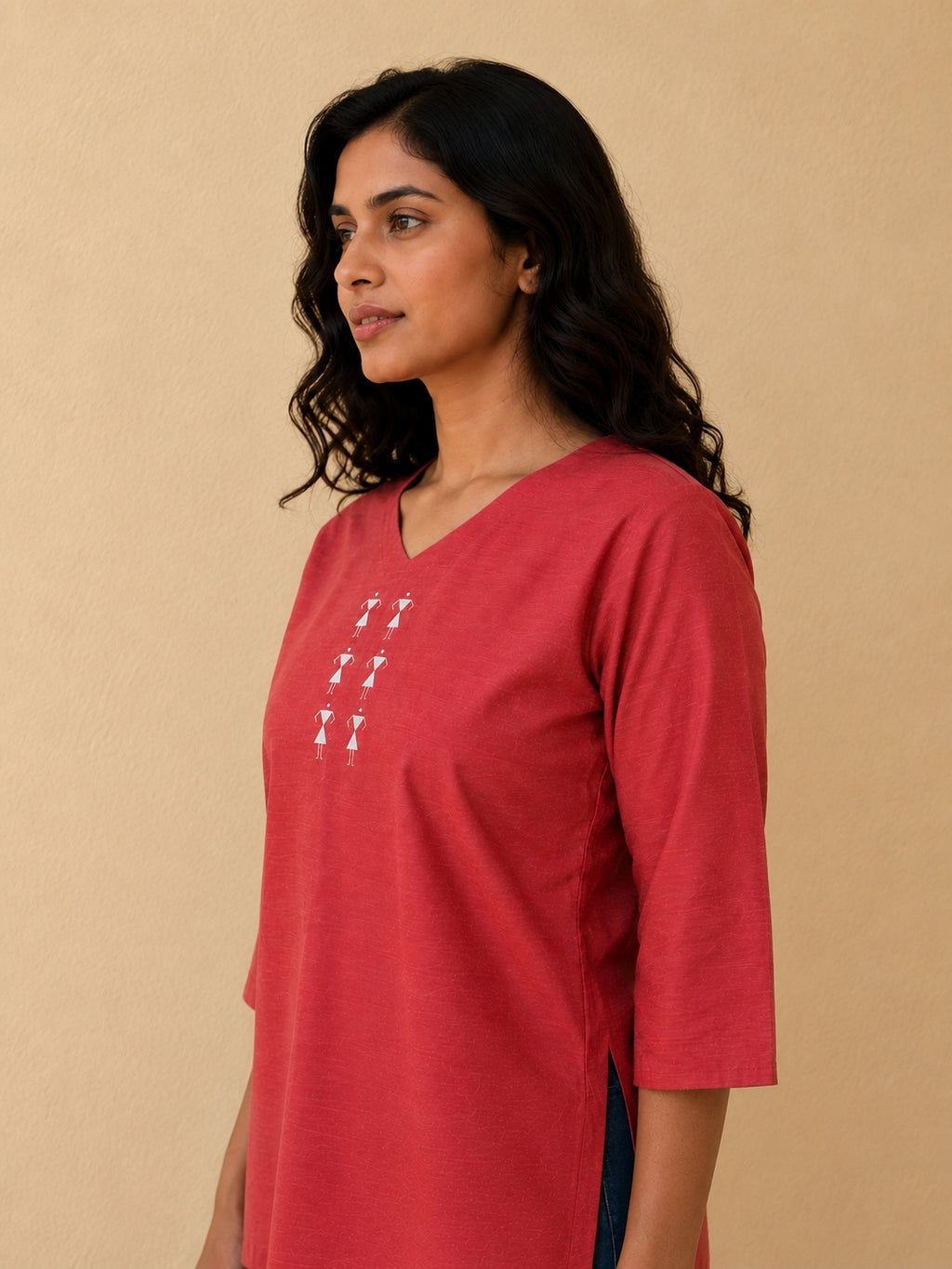 V Neck Top Warli Motif Hand Painted - Clay Rose