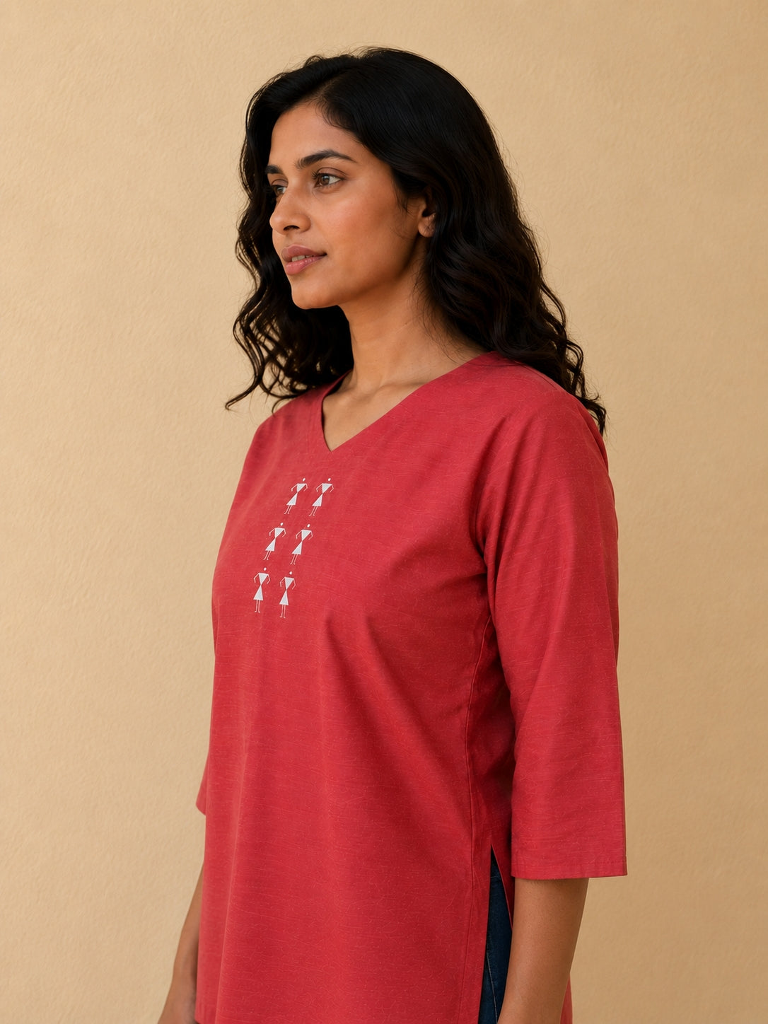 V Neck Top Warli Motif Hand Painted - Clay Rose