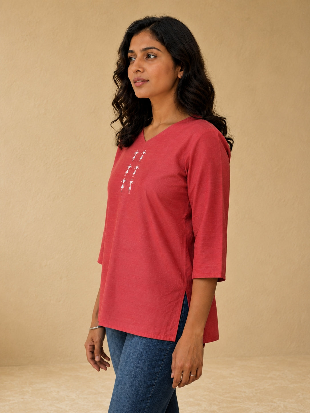 V Neck Top Warli Motif Hand Painted - Clay Rose