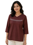 V Neck Top Hand Painted - Brown