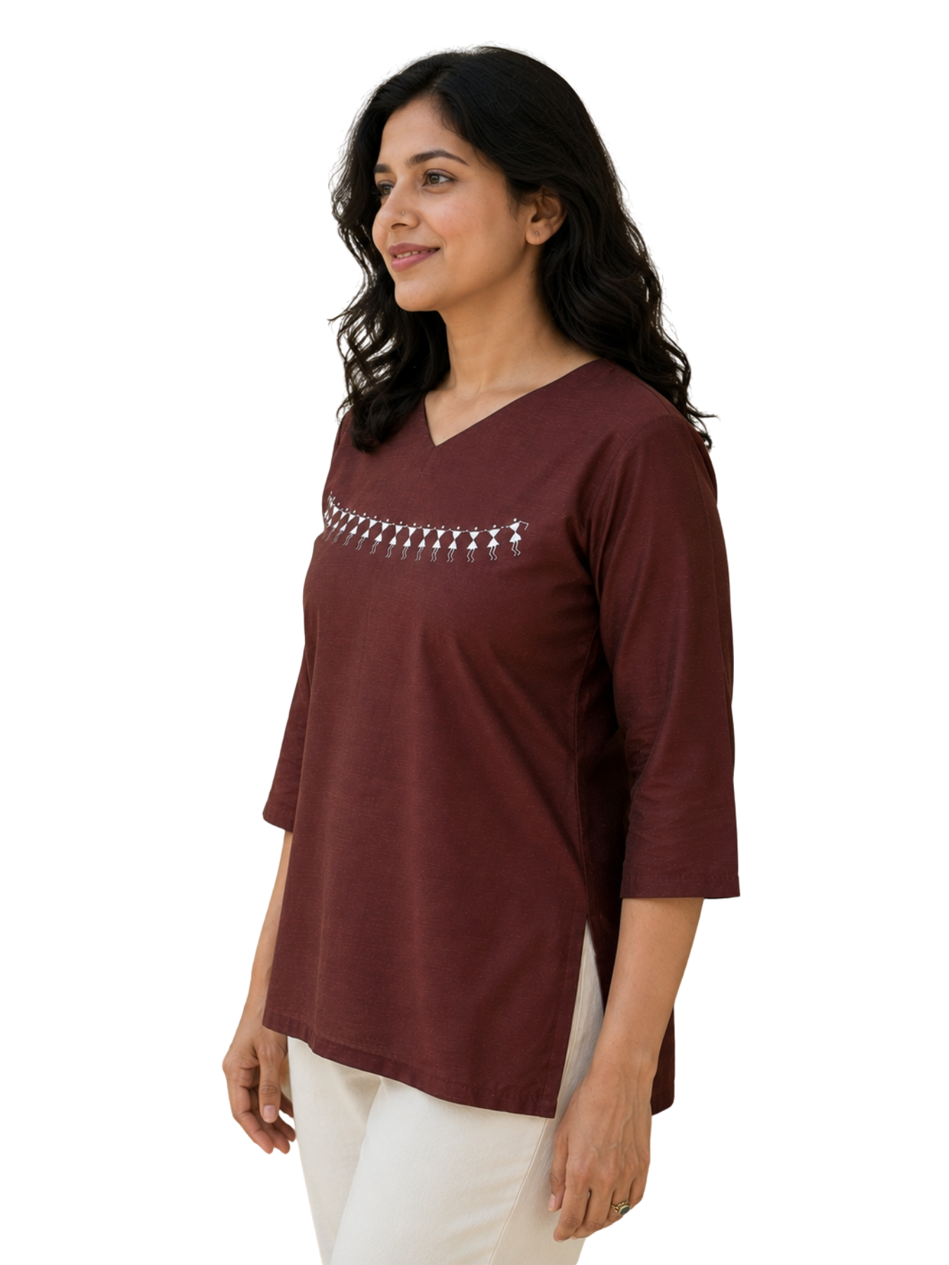 V Neck Top Hand Painted - Brown